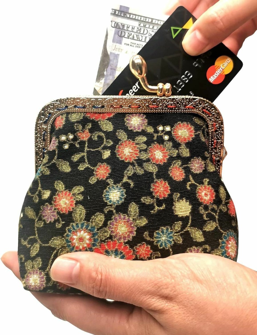 POPUCT Popuct Buckle Coin Purse Floral Kiss Lock Change Pouch Cloth Wallet For Women(Black) | Coin Purses & Pouches