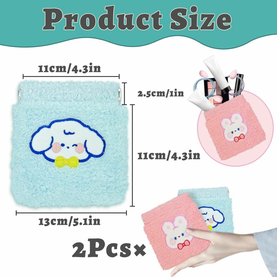 FuninCrea Funincrea 2 Pcs Shrapnel Coin Purse, Plush Small Makeup Pouch Coin Purse Pouch For Women Girls, Portable Change Purse Embroidered With Cute Patterns For Jewelry, Cosmetics (Blue+Pink) | Coin Purses & Pouches