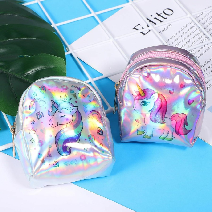 Adorainbow Adorainbow 2Pcs Mini Wallet Unicorn Holographic Coin Purse Zip Around Cute Purse Change Purse With Key Ring Card Case Front Pocket Wallet For Women Girls | Coin Purses & Pouches