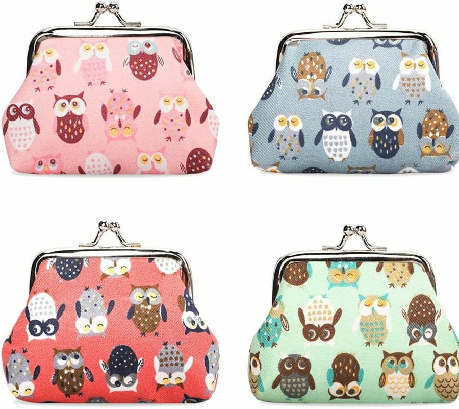 Oyachic Oyachic 4Pcs Owl Coin Purse Canvas Change Purse Kiss Lock Clasp Clutch Animal Wallet Bag Vintage Trinkets Pouch Women Key Holder | Coin Purses & Pouches