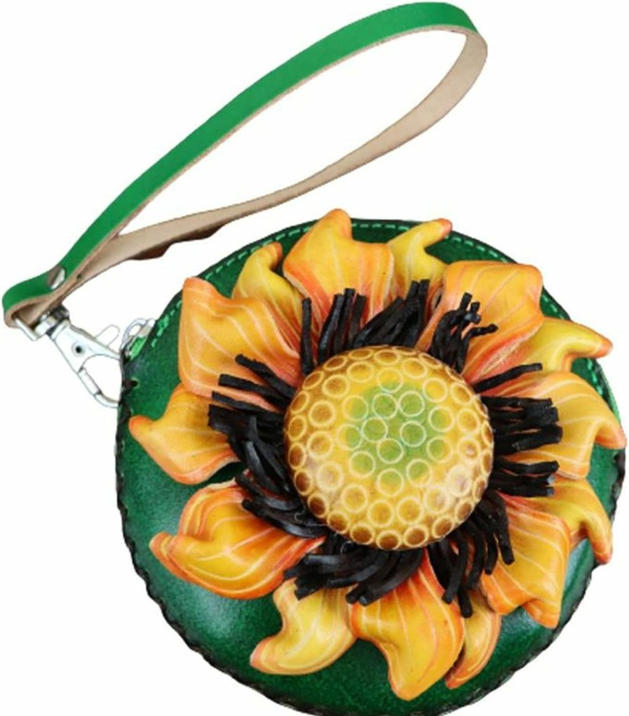 Fanyixuan Fanyixuan Handmade Vegetable Tanned Cowhide Sunflower Coin Purse Key Coin Card Lipstick Headphone Storage Clutch Mini Flower Round Bag | Coin Purses & Pouches