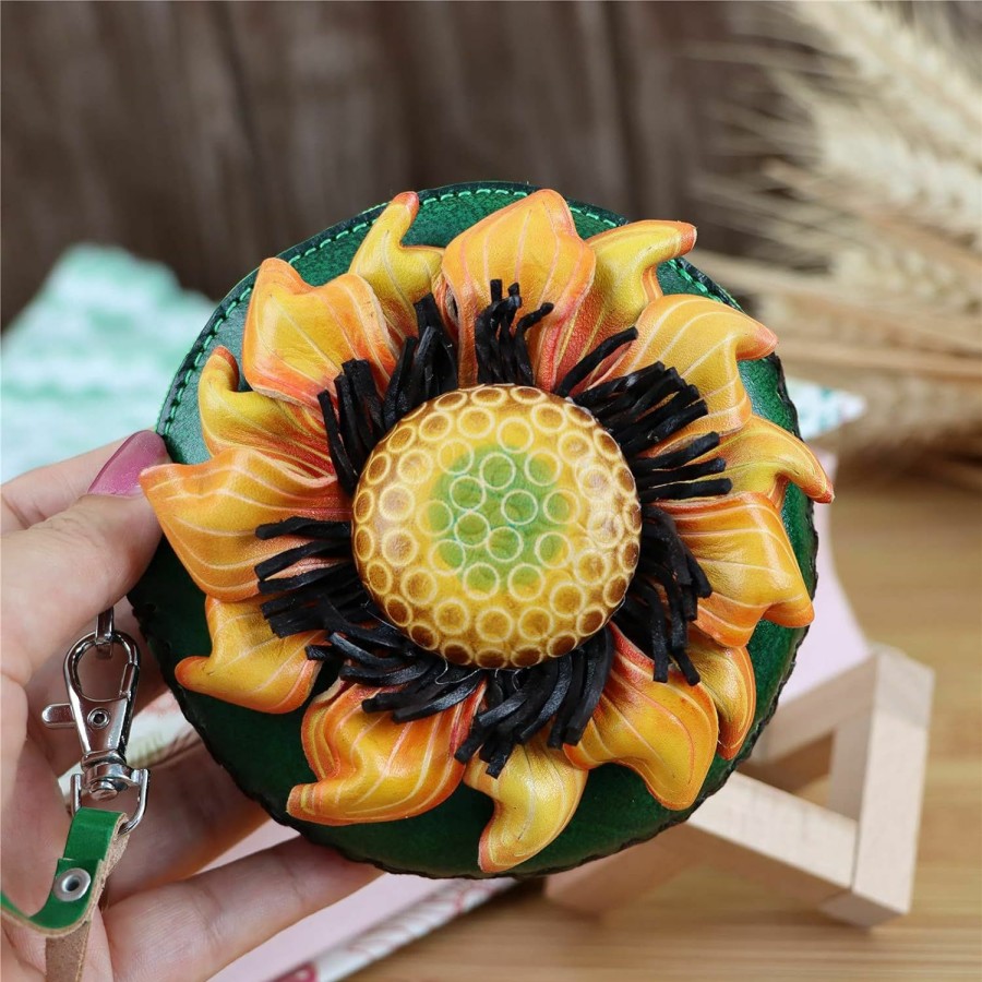 Fanyixuan Fanyixuan Handmade Vegetable Tanned Cowhide Sunflower Coin Purse Key Coin Card Lipstick Headphone Storage Clutch Mini Flower Round Bag | Coin Purses & Pouches