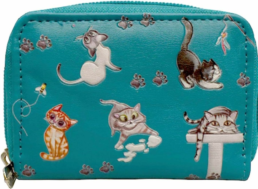 Shag Wear Shag Wear Playful Cats Coin Purse For Women And Teen Girls Vegan Faux Leather Teal | Coin Purses & Pouches