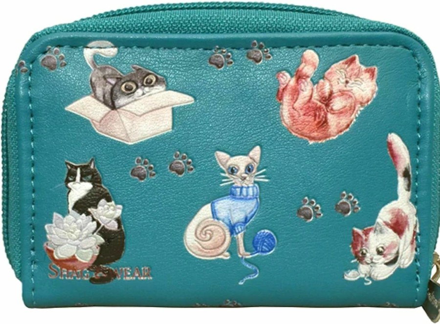 Shag Wear Shag Wear Playful Cats Coin Purse For Women And Teen Girls Vegan Faux Leather Teal | Coin Purses & Pouches