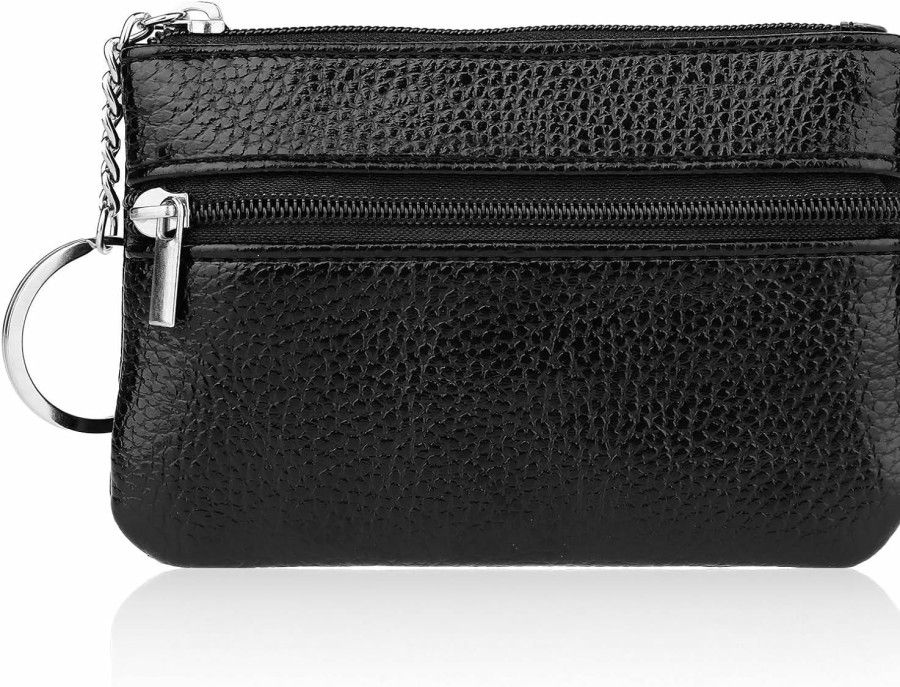 KALIONE Mini Coin Purse With Key Ring, Pu Leather Portable Change Wallet With Double Zipper, Black Mini Pocket Coin Purse Pocket For Women, Wallet Keychain | Coin Purses & Pouches