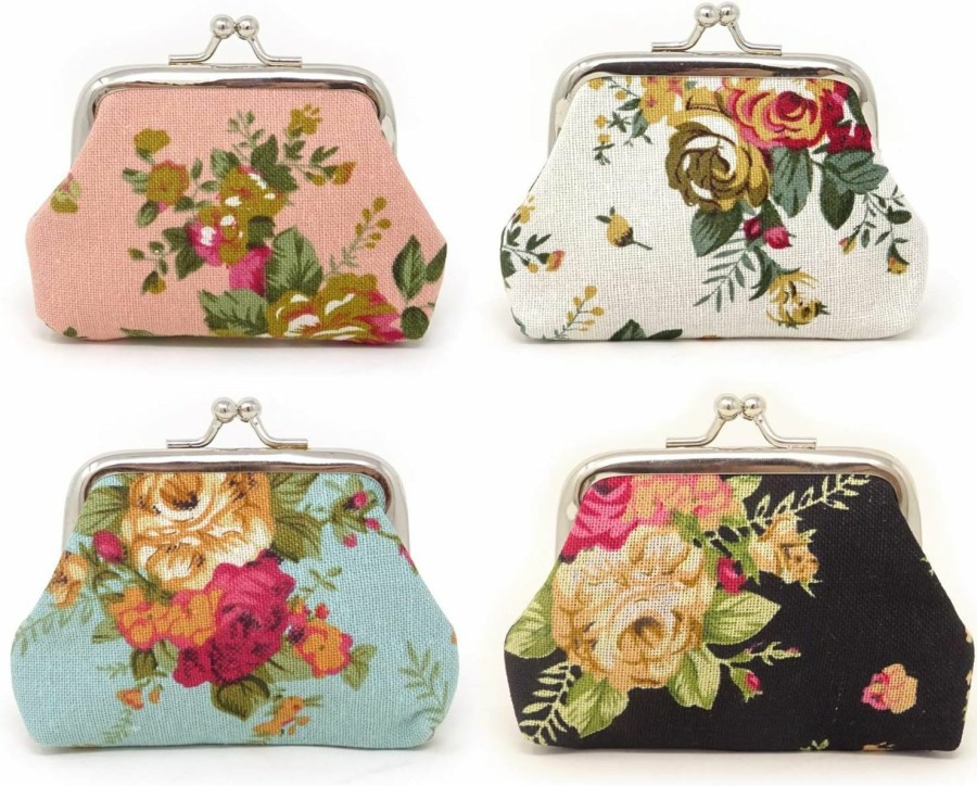 Honbay Honbay 4Pcs Canvas Floral Rose Flower Coin Purse Kiss Lock Change Purse Vintage Trinkets Pouch Small Women Wallet Clutch Purse | Coin Purses & Pouches