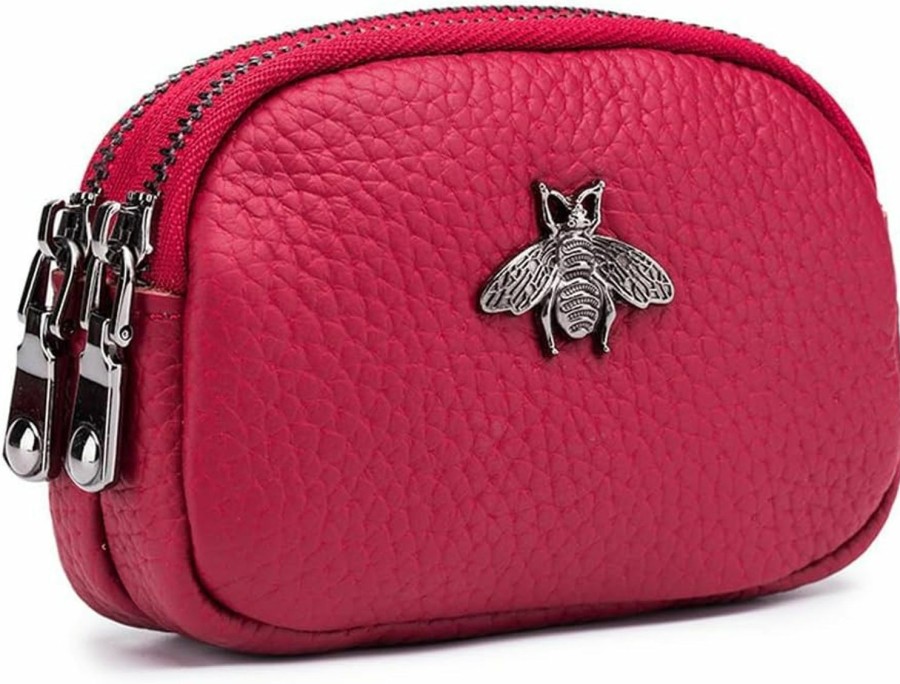 DOMILINA Genuine Leather Mini Coin Purse For Women, Compact And Stylish Double Zipper Wallet(Red) | Coin Purses & Pouches