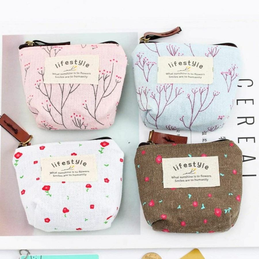 FENICAL 4Pcs Mini Coin Purse For Women Flower Canvas Small Pouches With Zipper Coin Purse Wallet Purse Holder For Women Girls (Random Color) | Coin Purses & Pouches