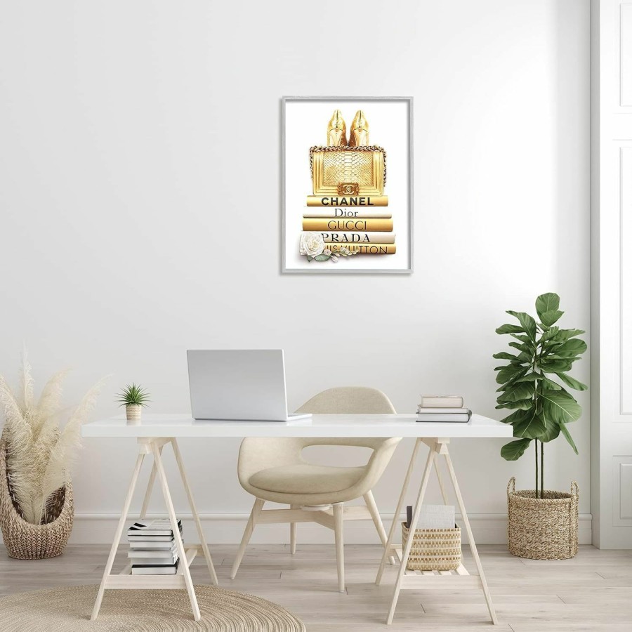 Stupell Industries Stupell Industries Divine Golden Fashion Purse On Glam Designer Bookstack, Designed By Ros Ruseva Gray Framed Wall Art, Gold | Coin Purses & Pouches