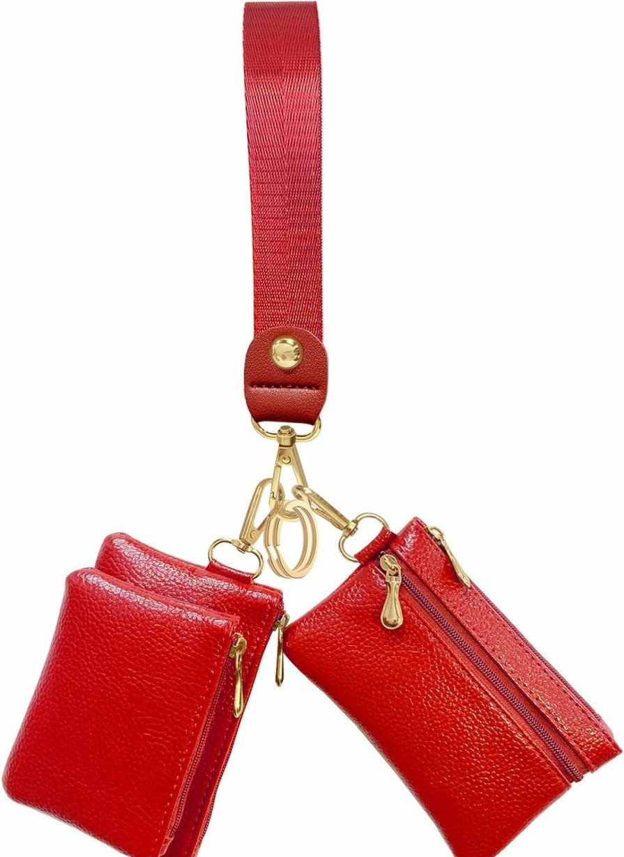 BuitBoll Buitboll Dual Pouch Wristlet Wallet For Women, Mini Zip Around Wristlet Portable Keychain Wallet Detachable Small Change Purse Coin Pocket (Red) | Coin Purses & Pouches