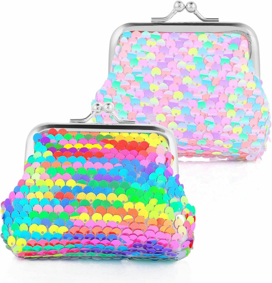 Prasacco Prasacco 2 Pcs Sequin Coin Purses Reversible Sequin Mini Wallet With Kiss-Lock Closure Colorful Change Coin Purse Bag Handbags For Kids Girls Women Party Favor | Coin Purses & Pouches