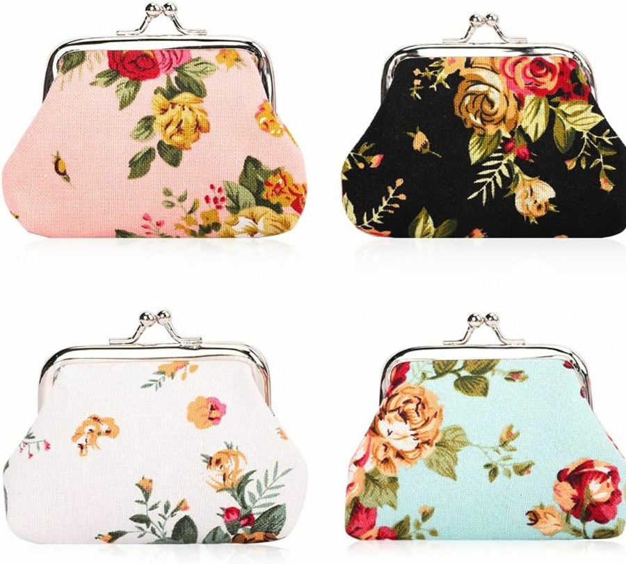 Oyachic Oyachic 4 Pack Floral Coin Purse Rose Flower Trinket Pouch Canvas Wallet Vintage Change Pouch With Clasp Kiss Lock Clutch Card Holder For Women | Coin Purses & Pouches