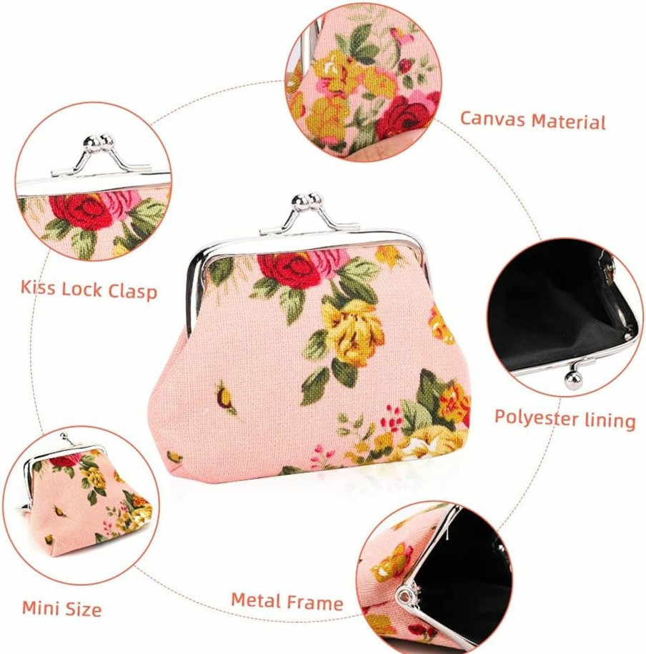 Oyachic Oyachic 4 Pack Floral Coin Purse Rose Flower Trinket Pouch Canvas Wallet Vintage Change Pouch With Clasp Kiss Lock Clutch Card Holder For Women | Coin Purses & Pouches