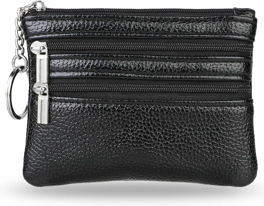 KALIONE Kalione Men'S Leather Coin Purse Pouch, Small Change Purse Keychain For Coins Pocket Zipper Wallet With Key Ring For Men Women, Black | Coin Purses & Pouches