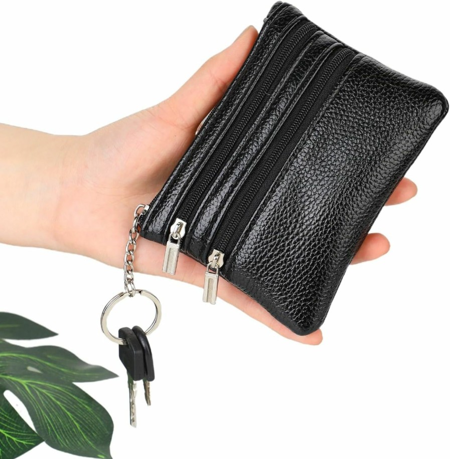 KALIONE Kalione Men'S Leather Coin Purse Pouch, Small Change Purse Keychain For Coins Pocket Zipper Wallet With Key Ring For Men Women, Black | Coin Purses & Pouches