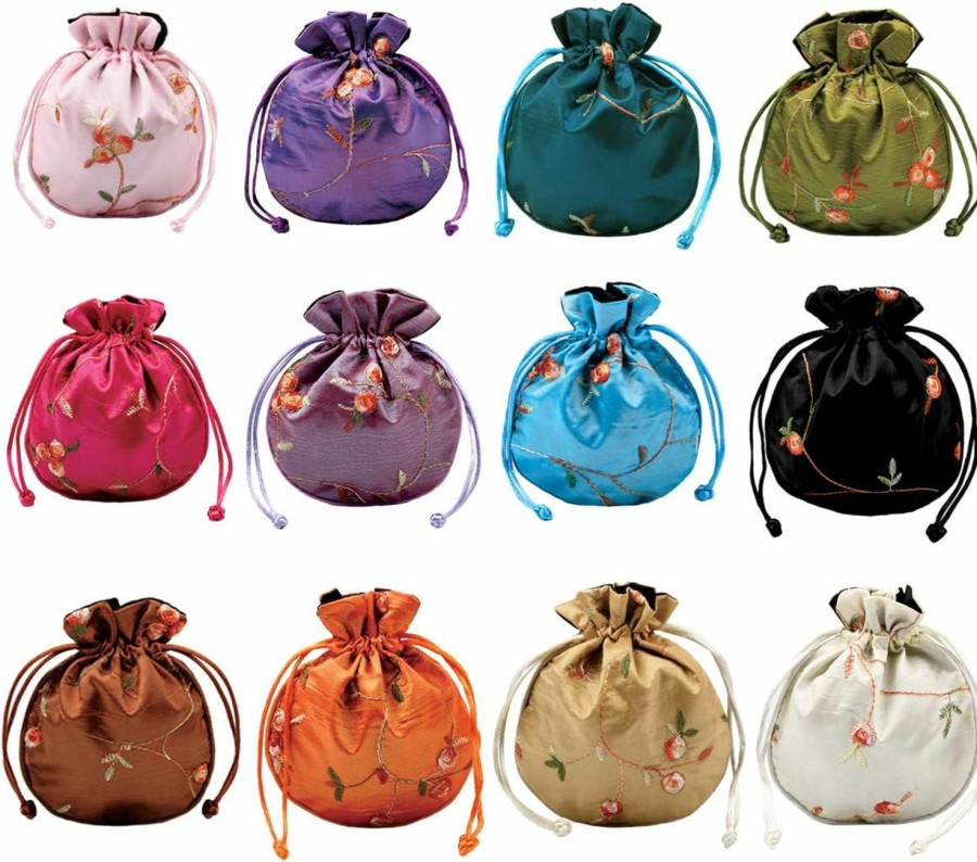 kilofly Kilofly 12 Silk Coin Purse Drawstring Floral Embroidered Jewelry Bag Gift Pouch | Coin Purses & Pouches