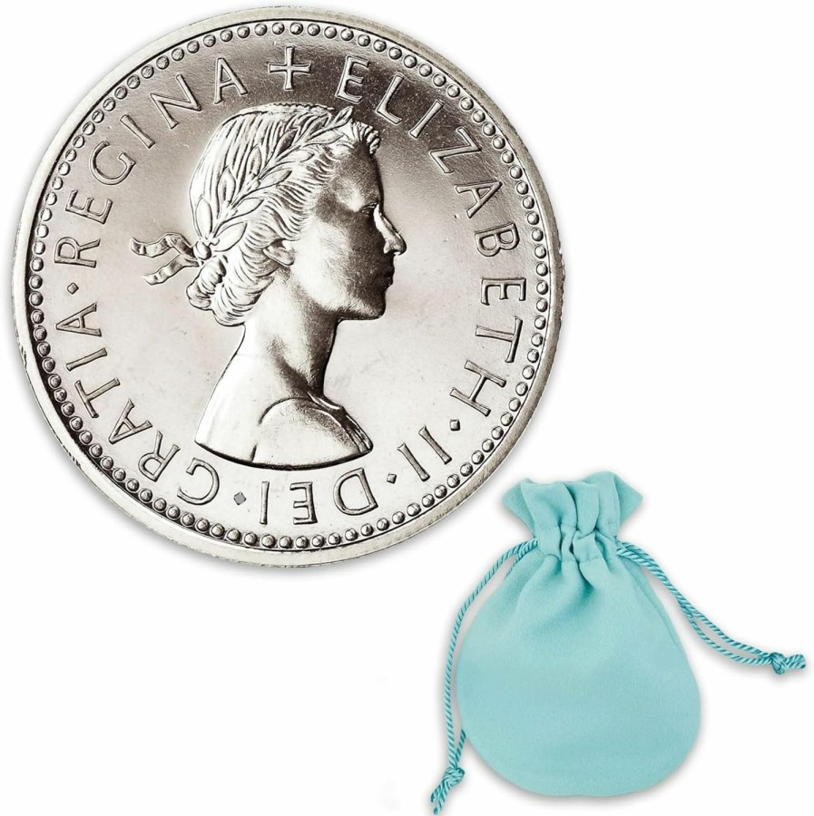 Generic Good Luck Silver Sixpence Charm Coin Blue Velvet Gift Bag Pouch For Bride'S Shoe Wedding Day, Something Old Something Blue, Queen Elizabeth Keepsake, Authentic Made In England | Coin Purses & Pouches