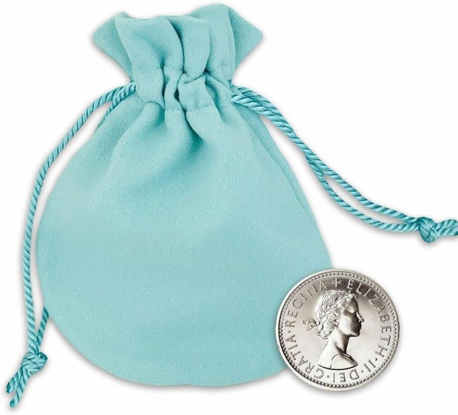 Generic Good Luck Silver Sixpence Charm Coin Blue Velvet Gift Bag Pouch For Bride'S Shoe Wedding Day, Something Old Something Blue, Queen Elizabeth Keepsake, Authentic Made In England | Coin Purses & Pouches