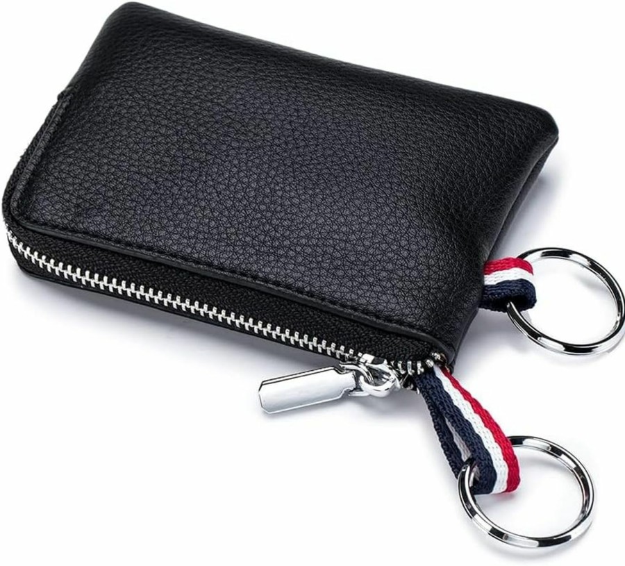 DOMILINA Leather Coin Purse Wallet With Dual Keyrings And Card Holder - Mini Change Pouch For Women Men(Black) | Coin Purses & Pouches