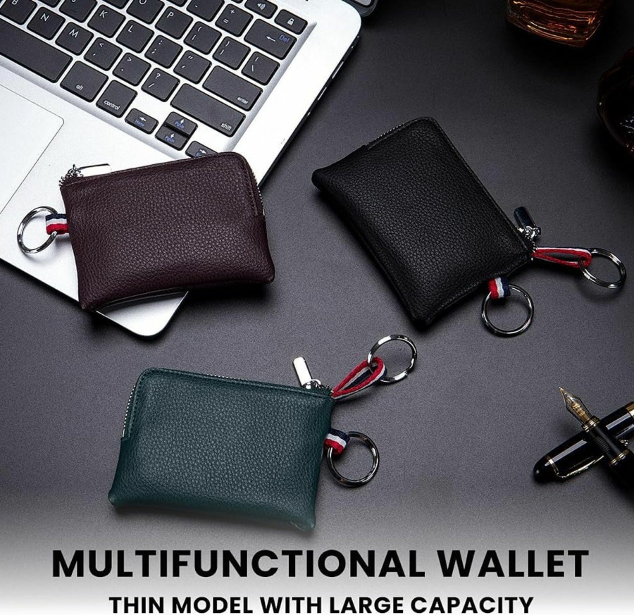 DOMILINA Leather Coin Purse Wallet With Dual Keyrings And Card Holder - Mini Change Pouch For Women Men(Black) | Coin Purses & Pouches