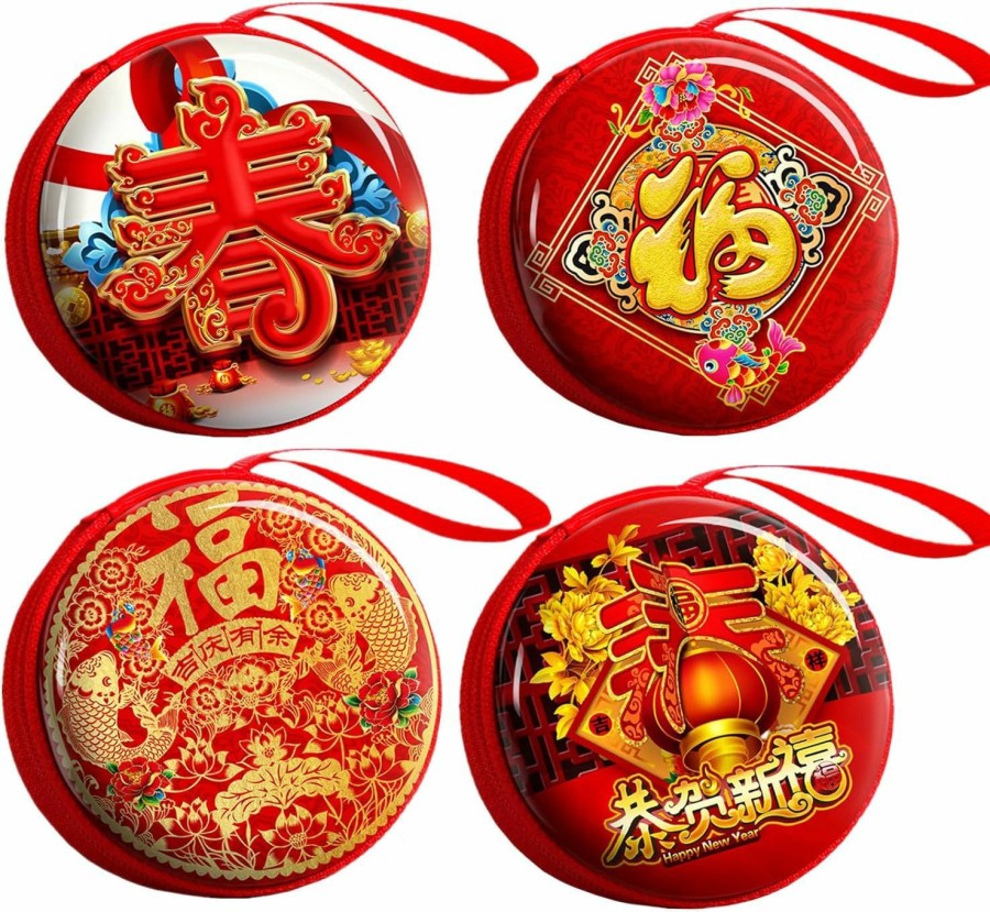 Acewen Acewen 4Pcs Chinese New Year Gift Bags Coin Wallet Purses Red Hong Bao Multifunction Storage Tinplate Box For Candies Chocolate Headset Organizer Bags Spring Festival Hanging Decor | Coin Purses & Pouches