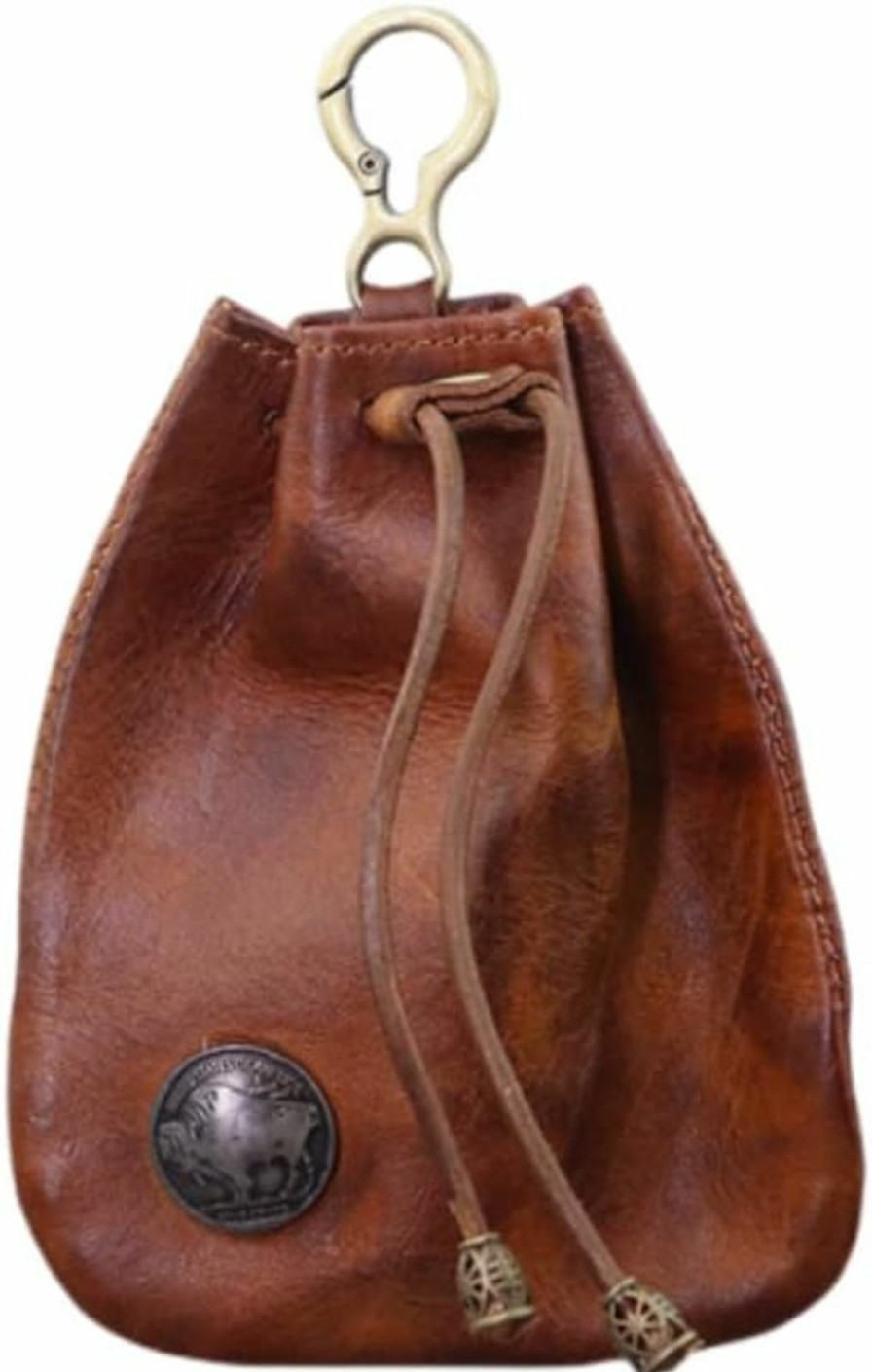 Akuihizo Leather Mini Medieval Pouch Keychain,Leather Belt Pouch Keychain,Leather Drawstring Pouch,Change Holder Coin Organizer For Men & Women (Brown) | Coin Purses & Pouches