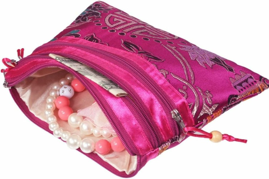 kilofly Kilofly 2 Pc Chinese Silk Brocade 3 Zipper Pocket Tassel Jewelry Bag Gift Pouch | Coin Purses & Pouches