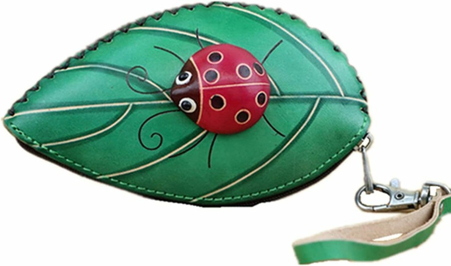 Fanyixuan Fanyixuan Ladies Leaf Ladybug Leather Coin Purse Can Put Coin Clutch Bag Handmade Leather Creative Key Case (Green) | Coin Purses & Pouches