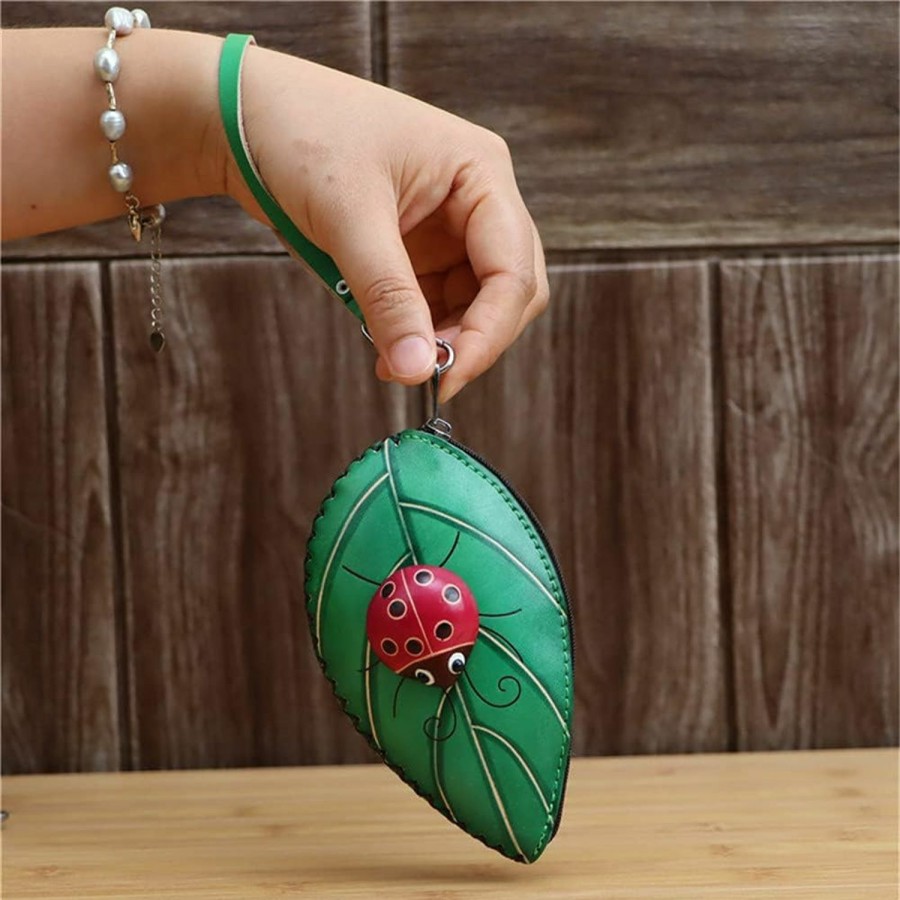 Fanyixuan Fanyixuan Ladies Leaf Ladybug Leather Coin Purse Can Put Coin Clutch Bag Handmade Leather Creative Key Case (Green) | Coin Purses & Pouches