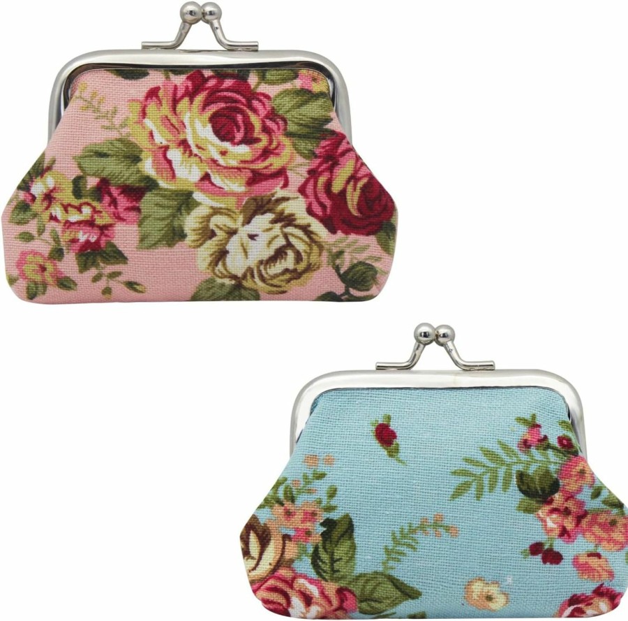 WisePoint Wisepoint Coin Purses 2Pcs, Canvas Mini Coin Pouch With Kiss Lock, Exquisite Coin Purse For Women And Girls With Flower Patterns, Change Pursecoin Wallet For Coin, Keys, Rings (Blue+Pink) | Coin Purses & Pouches