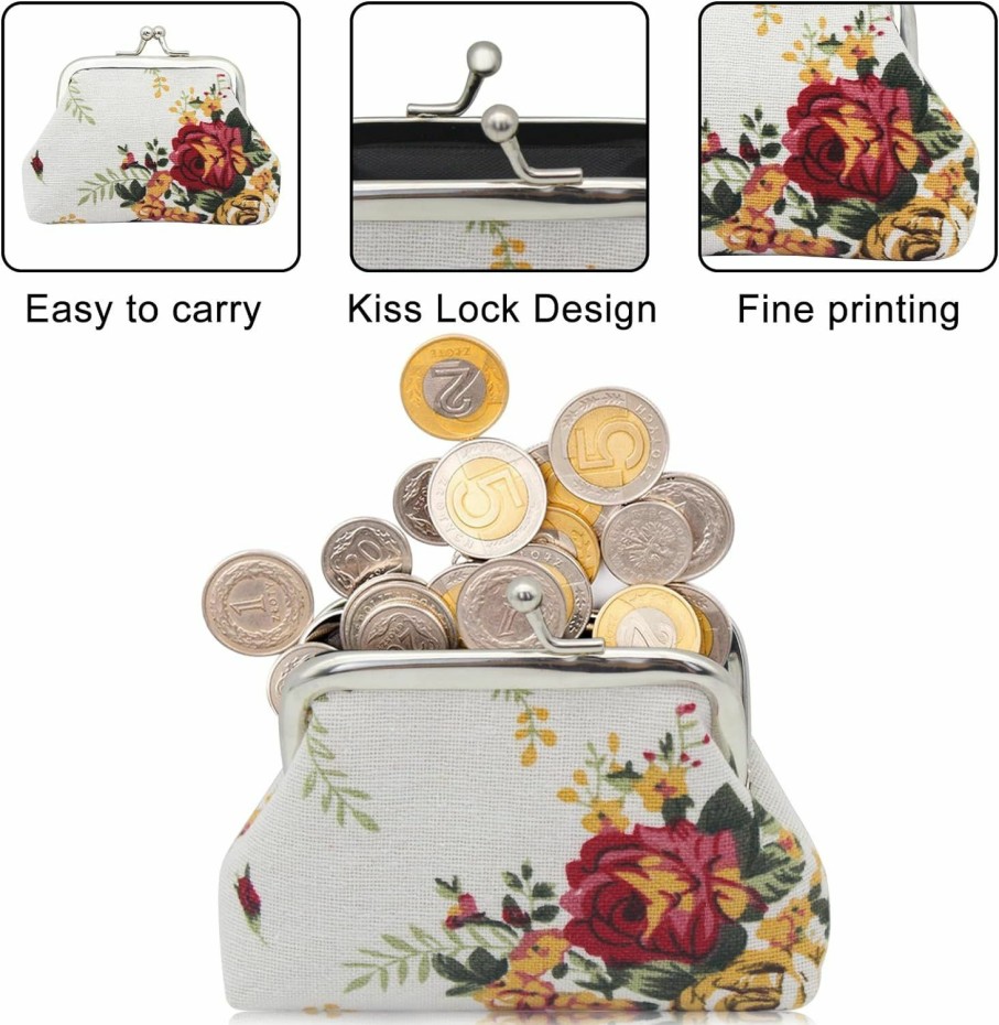 WisePoint Wisepoint Coin Purses 2Pcs, Canvas Mini Coin Pouch With Kiss Lock, Exquisite Coin Purse For Women And Girls With Flower Patterns, Change Pursecoin Wallet For Coin, Keys, Rings (Blue+Pink) | Coin Purses & Pouches