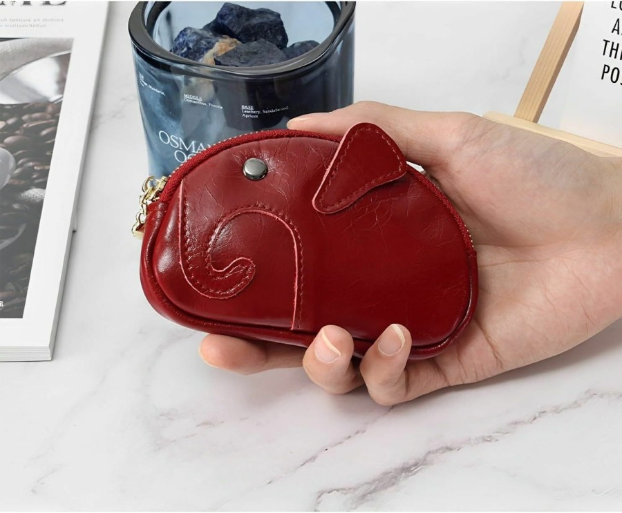 BRTOO Brtoo Coin Purse For Women - Cute Elephant Double Zipper Women'S Wallets Genuine Leather Small Mini Change Purse Coin Holder Coin Pouch Key Keychain Bag Gifts Girls Men Wallet (Green) | Coin Purses & Pouches