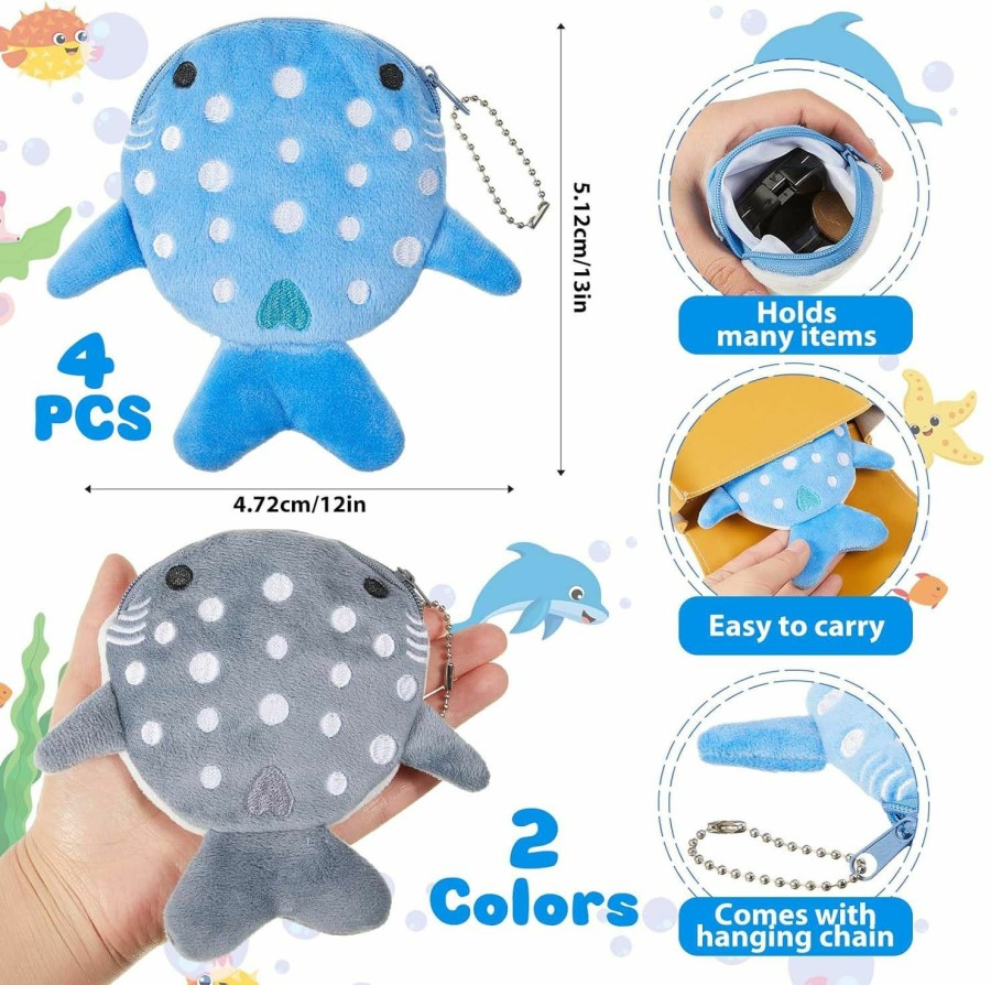 SilTriangle Siltriangle 4 Pcs Whale Shark Coin Purse Cute Small Plush Coin Pouch With Zipper Hanging Chain Kawaii Embroidered Cartoon Shark Wallet For Kids Girls Women Cosmetic Items Earphone Gifts, Blue, Gray | Coin Purses & Pouches