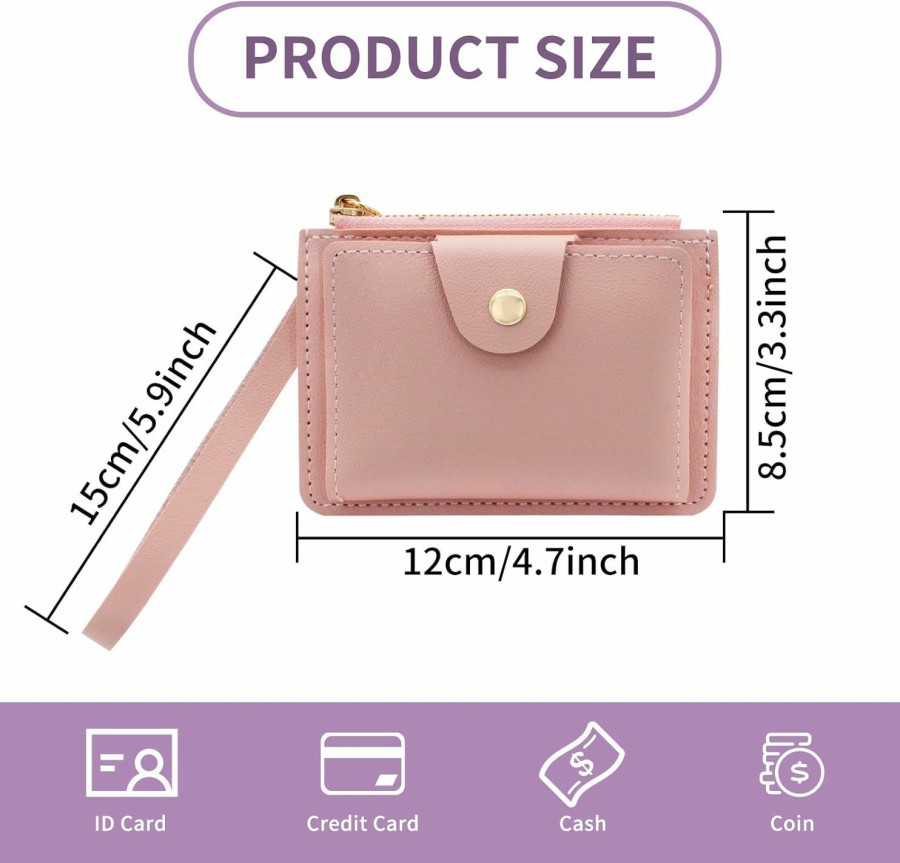 AfitLulu Afitlulu Coin Purse For Women, Cute Pu Leather Card Wallet With Strap, 6 Card Slots, 1 Zippered Pocket, Slim Coin Purse Or Women (Pink) | Coin Purses & Pouches