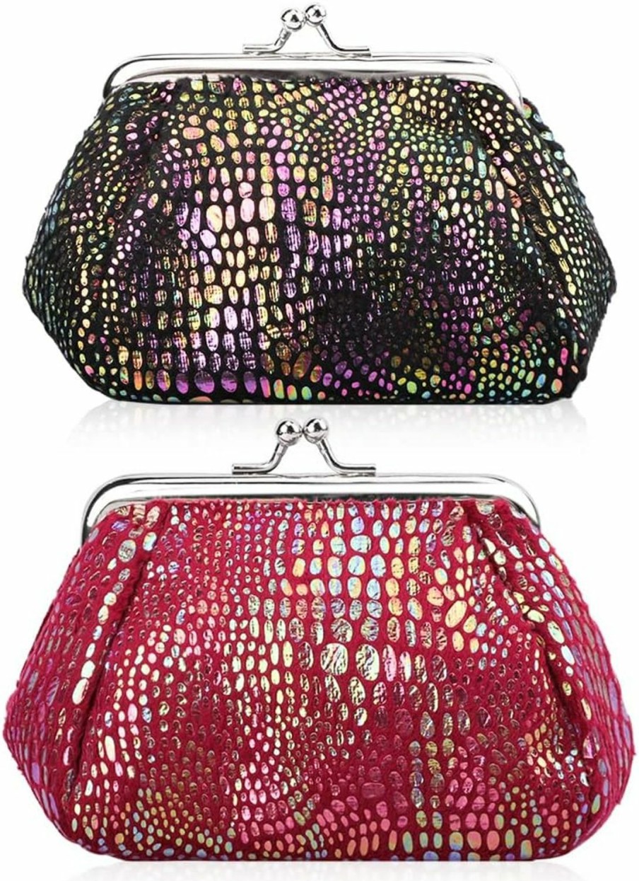 Oyachic Oyachic 2Pcs Iridescent Coin Purse Leopard Change Pouch Kiss Lock Clasp Wallet Hologram Money Bag Card Key Holder Buckle Clutch For Women Girl | Coin Purses & Pouches