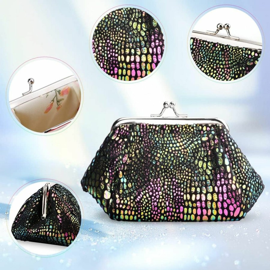 Oyachic Oyachic 2Pcs Iridescent Coin Purse Leopard Change Pouch Kiss Lock Clasp Wallet Hologram Money Bag Card Key Holder Buckle Clutch For Women Girl | Coin Purses & Pouches