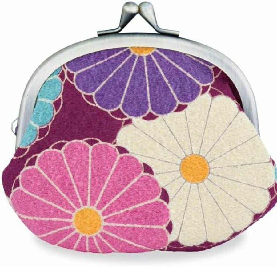 NOREN Noren Floral Buckle Coin Purses (Kiss Lock Small Makeup Bag Oval/Retro Flower Kimono Cloth - Purple) / Made In Japan Change Purse Wallets | Coin Purses & Pouches