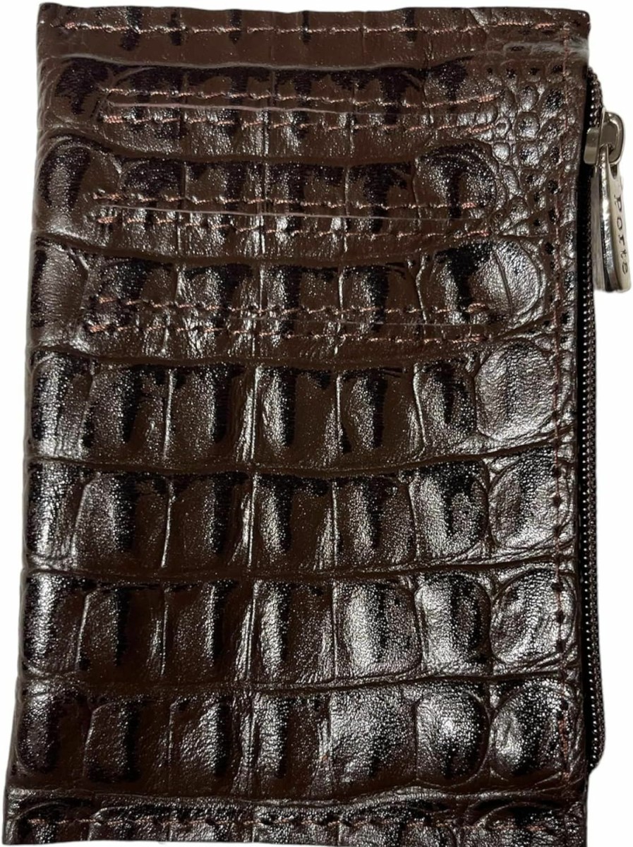 Generic Real Leather Zipper Credit Card Holder - Handmade 100% Genuine Cow Leather Business Card Case Coin Purse Pocket Embossed Reptile Pattern - Caiman Brown | Coin Purses & Pouches