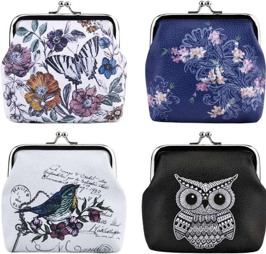 Oyachic Oyachic 4 Packs Floral Coin Purses Kiss Lock Change Pouch Owl Leather Wallet Butterfly Money Bag Animal Key Holder Bird Trinkets Pouch For Women | Coin Purses & Pouches