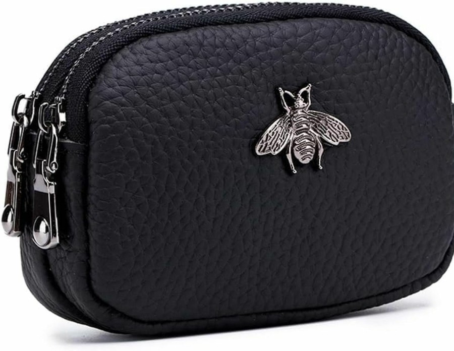 DOMILINA Genuine Leather Mini Coin Purse For Women, Compact And Stylish Double Zipper Wallet(Black) | Coin Purses & Pouches