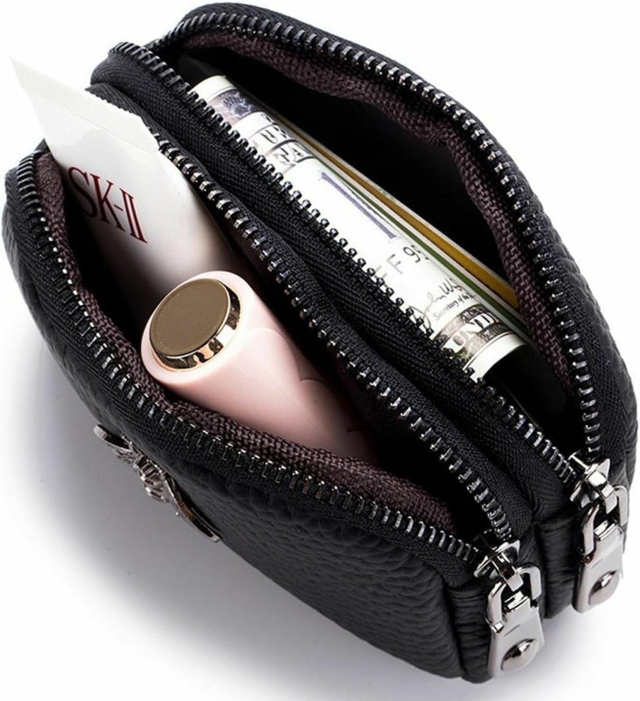 DOMILINA Genuine Leather Mini Coin Purse For Women, Compact And Stylish Double Zipper Wallet(Black) | Coin Purses & Pouches