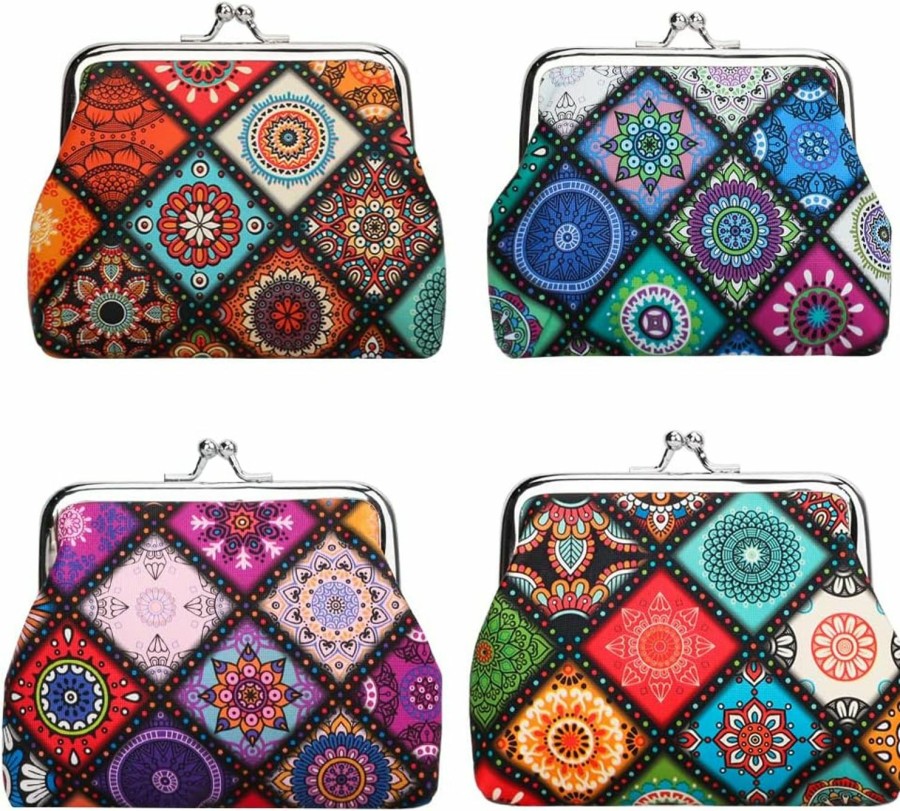 Oyachic Oyachic 4 Packs Snowflower Coin Purses Canvas Wallet Kiss Lock Clasp Change Pouch Canvas Gift Bag For Women Girls (4Pcs Mandala) | Coin Purses & Pouches