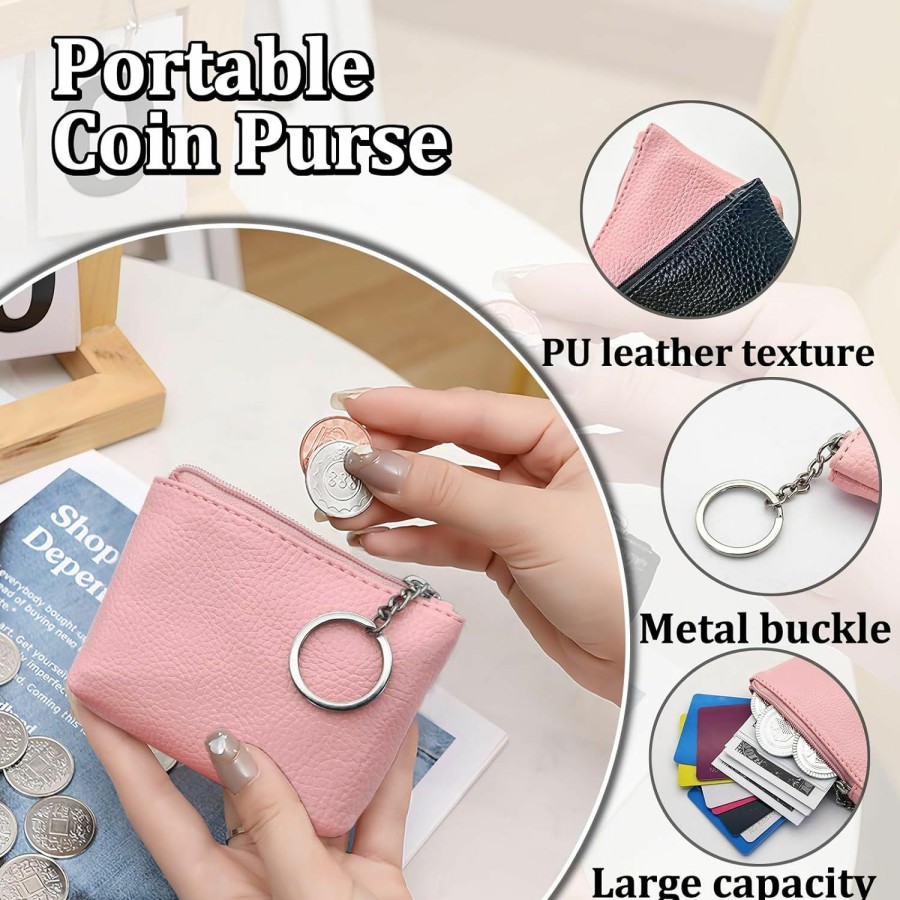 AfitLulu Afitlulu Coin Purse, Pu Leather Coin Purse Pouch With Keychain, Zipper Lychee Pattern Change Wallet Purse For Women To Store Keys, Changes (Pink) | Coin Purses & Pouches