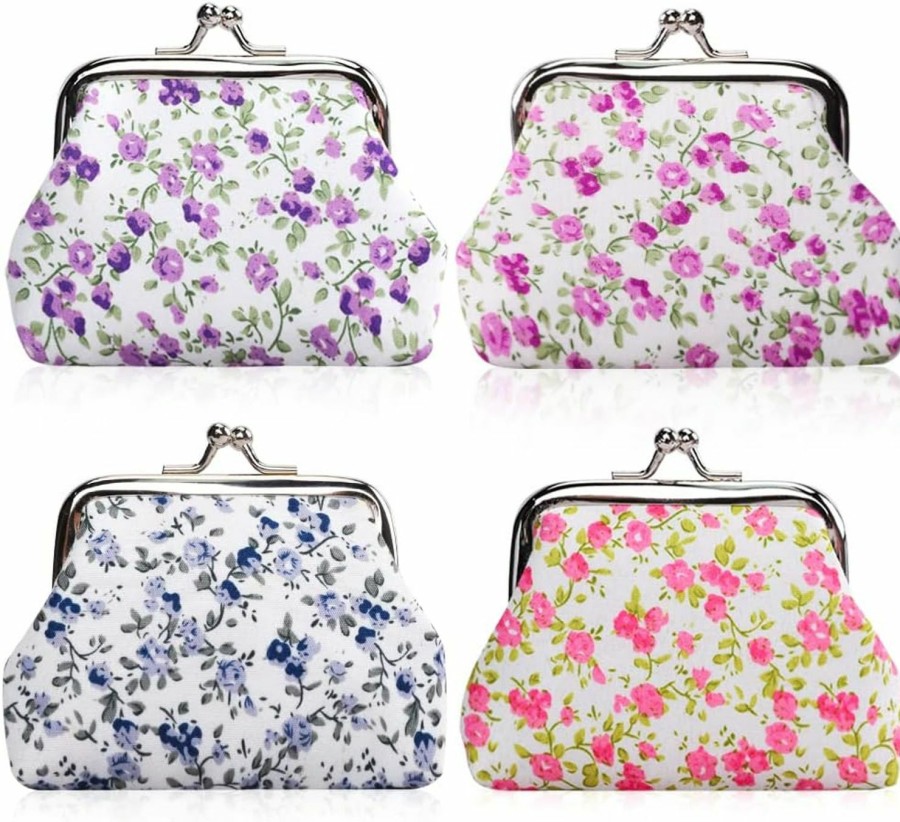 Oyachic Oyachic 4 Pcs Floral Coin Purse Small Change Pouch Kiss Lock Clutch Bag Vintage Handbag Retro Wallet For Women | Coin Purses & Pouches