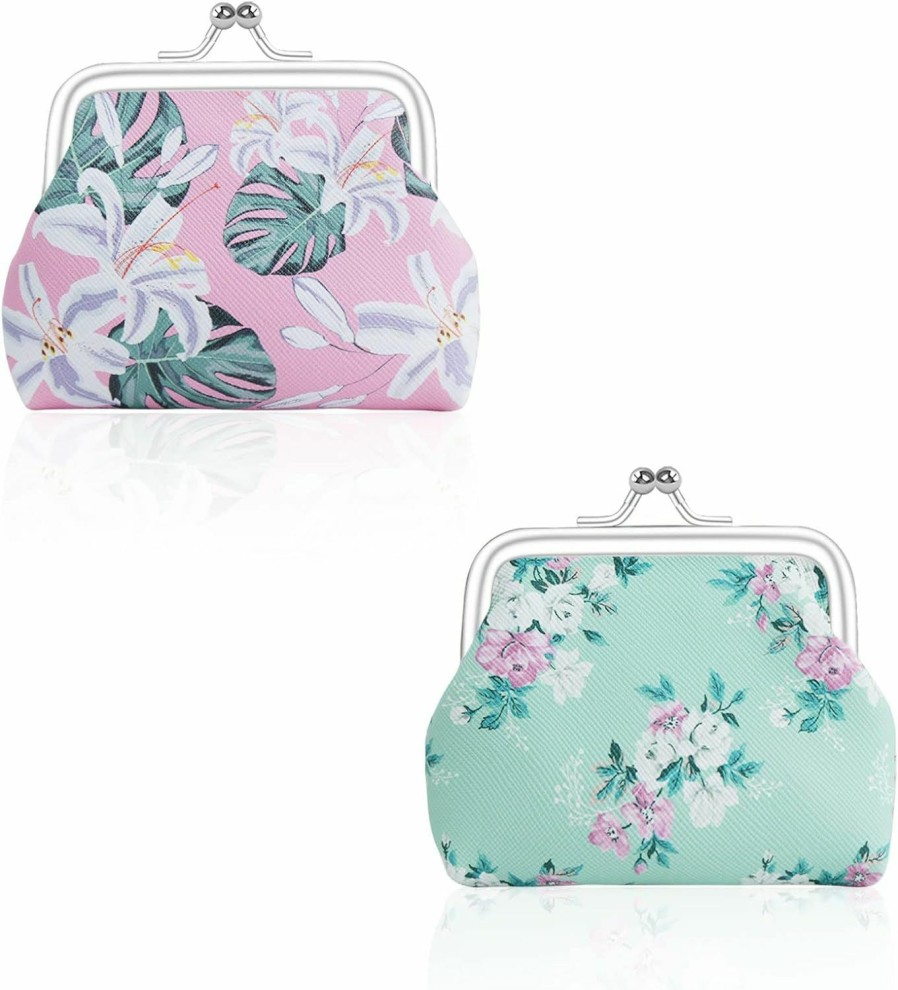 FuninCrea Funincrea 2 Pcs Coin Purse For Women, Faux Leather Coin Purses With Kiss Lock, Floral Pattern Change And Coin Wallet Double Clasp Closure Mini Purse For Cash, Coin, Key (Blue+Dark Pink) | Coin Purses & Pouches