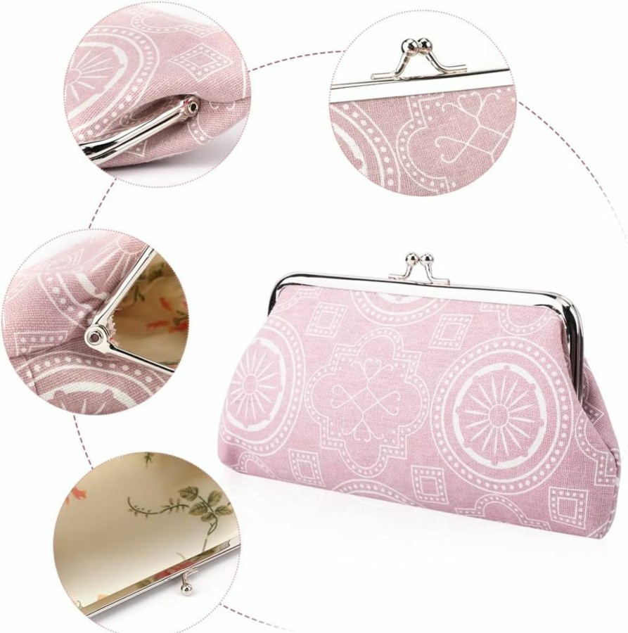 Oyachic Oyachic 2 Packs Large Coin Purse With Kiss Lock Clasp Canvas Cash Make Up Bag Vintage Pouch Change Holder For Girls And Women (Pink+Gray) | Coin Purses & Pouches