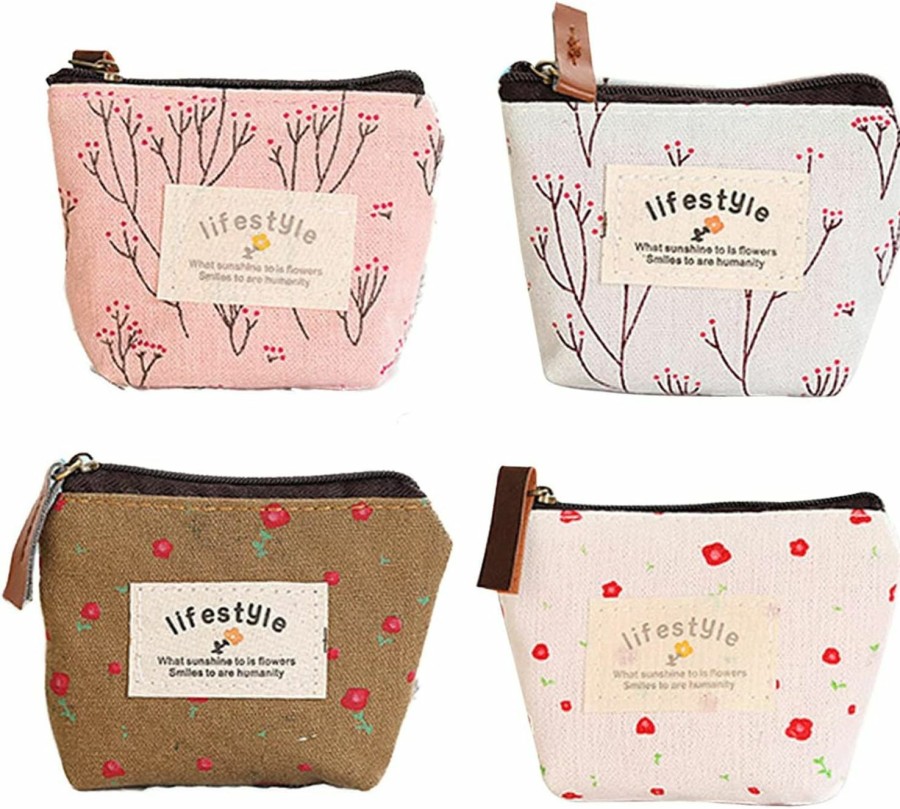 FuninCrea Funincrea Small Coin Purse, 4 Pack Of Different Cute Flower Patterns Canvas Coin Purse With Smooth Zip Mini Wallet For Storing Coin, Credit Card, Id Card, Keys, Lipstick (Colorful) | Coin Purses & Pouches