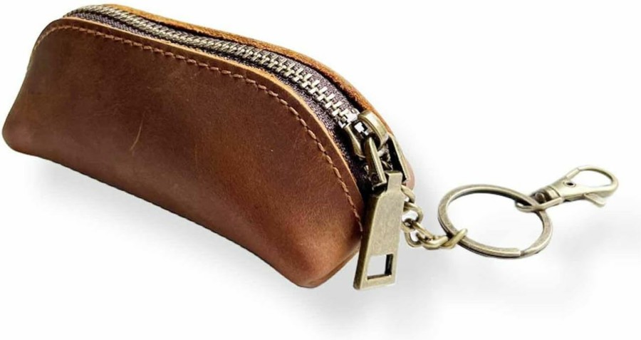 Yurtziru Yurtziru 1Pcs Men'S Genuine Leather Coin Purse Metal Hook & Key Ring Zipper Coin Wallet Coin Holder Key Chain For Men & Women Coin Purse (Brown) | Coin Purses & Pouches