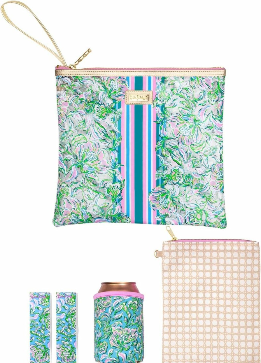 Lilly Pulitzer Lilly Pulitzer Water Resistant Vinyl Beach Day Pouch, Zipper Bag Includes Drink Hugger, Small Pouch, And Towel Clips | Coin Purses & Pouches