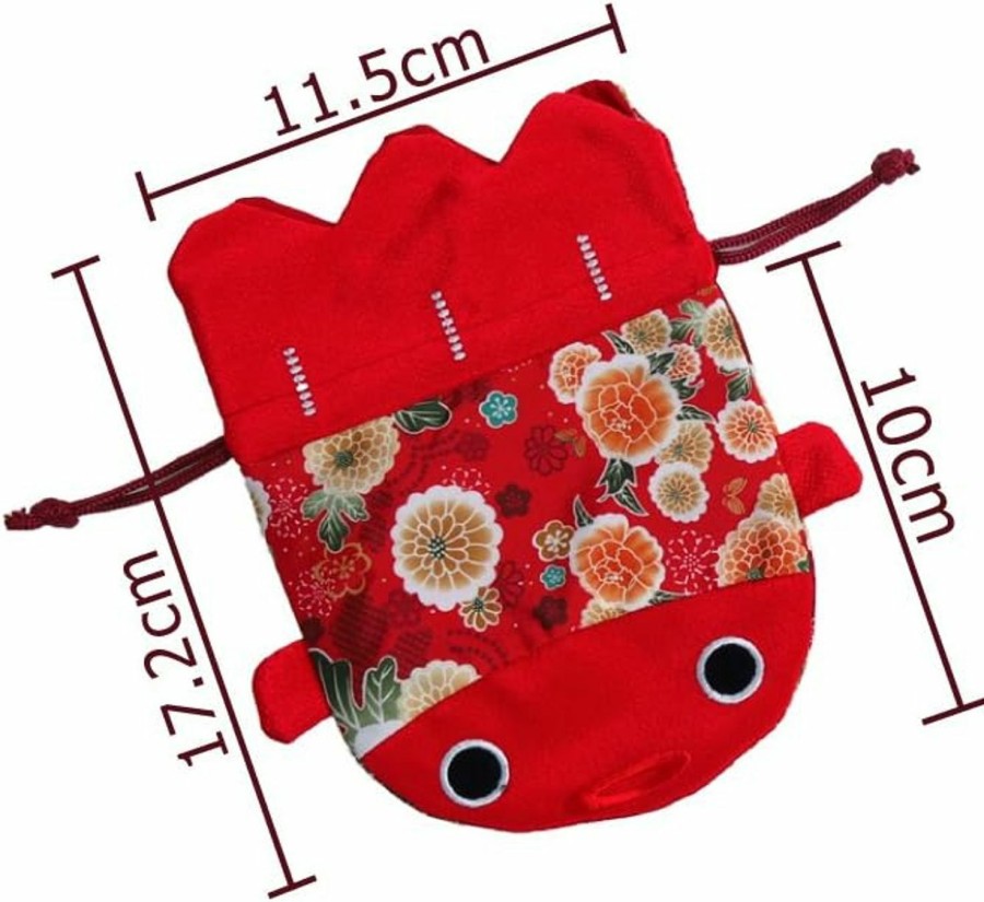 BAR Barbee Red Japanese Chirimen & Kimono Print Fabric Goldfish Drawstring Pouch Coin Dice Purse Cosmetic Jewelry Key Travel Storage Bag Valentine'S Day Gift Christmas Gift (Large) | Coin Purses & Pouches